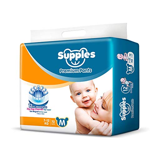 Supples Baby Pants Diapers, Medium (7-12 kg), 72 Count