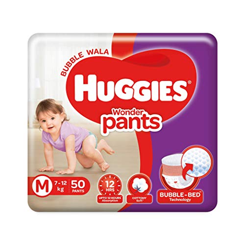 Huggies Wonder Pants, Medium (M) Size Baby Diaper Pants, 7 - 12 kg, 50 count, with Bubble Bed Technology for comfort