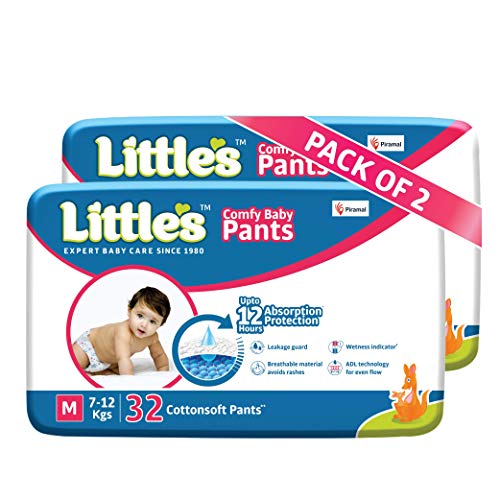 Little's Baby Pants Diapers with Wetness Indicator and 12 Hours Absorption, Medium (M), 7-12 kg, 64 Count