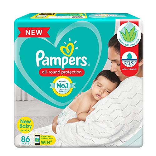 Pampers All round Protection Pants, New Born, Extra Small size baby diapers (NB,XS) 86 Count, Lotion with Aloe Vera